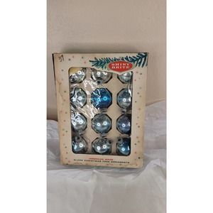 12 vintage Shiny Brite Christmas ornaments in box blue silver small;